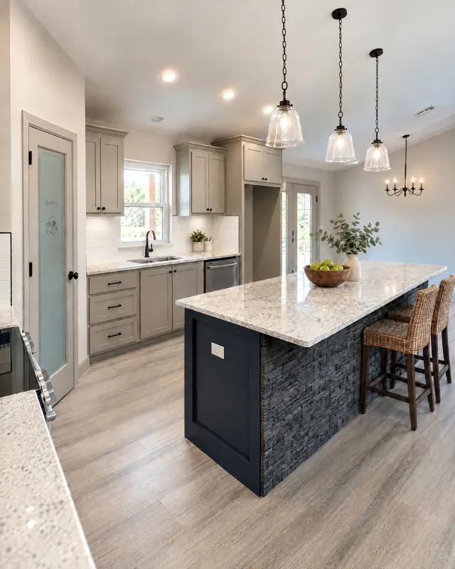 Kitchen with stone-wrapped island and pendant lights