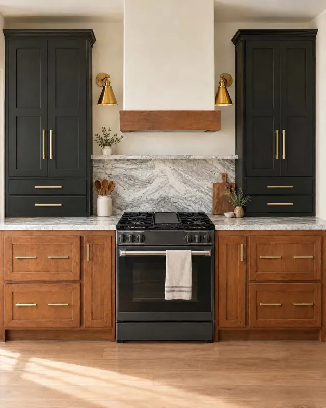 Kitchen with black cabinets and wood range hood