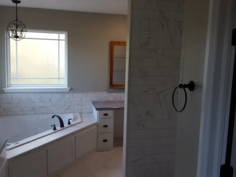 Bathroom with marble-look tile